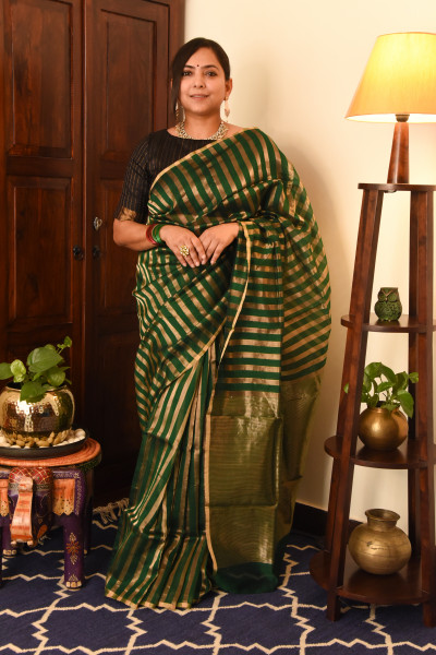 EMERALD GREEN CHANDERI SILK SAREE WTIH GOLDEN ZARI