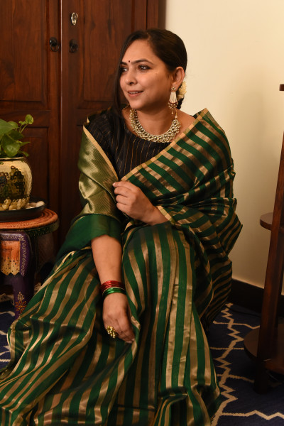 EMERALD GREEN CHANDERI SILK SAREE WTIH GOLDEN ZARI