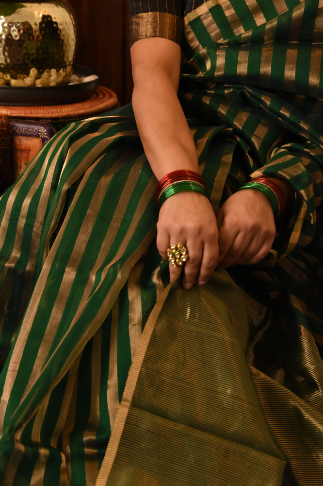 Image of EMERALD GREEN CHANDERI SILK SAREE WTIH GOLDEN ZARI