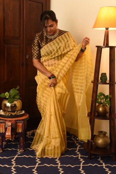 YELLOW CHANDERI SILK SAREE WTIH GOLDEN ZARI