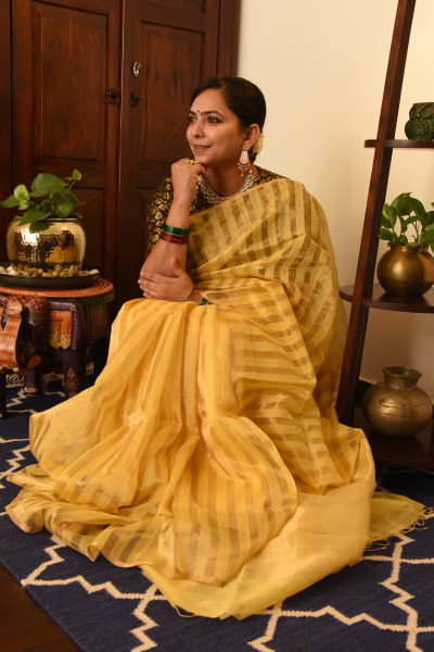 YELLOW CHANDERI SILK SAREE WTIH GOLDEN ZARI