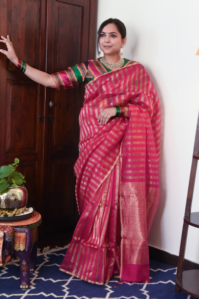 RANI PINK CHANDERI SILK SAREE WTIH GOLDEN ZARI