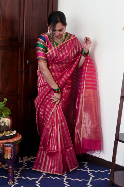 RANI PINK CHANDERI SILK SAREE WTIH GOLDEN ZARI