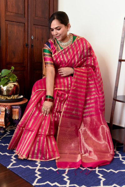 RANI PINK CHANDERI SILK SAREE WTIH GOLDEN ZARI