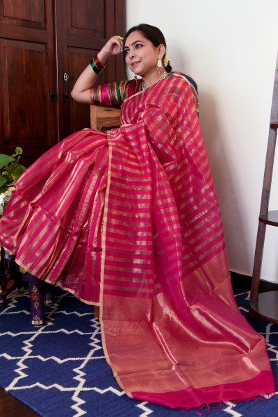 RANI PINK CHANDERI SILK SAREE WTIH GOLDEN ZARI