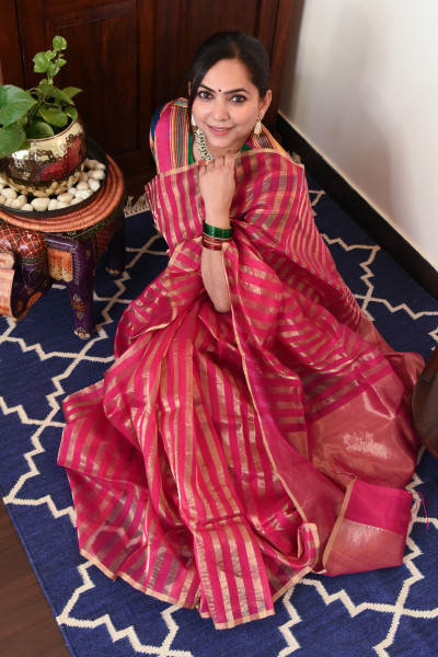 RANI PINK CHANDERI SILK SAREE WTIH GOLDEN ZARI