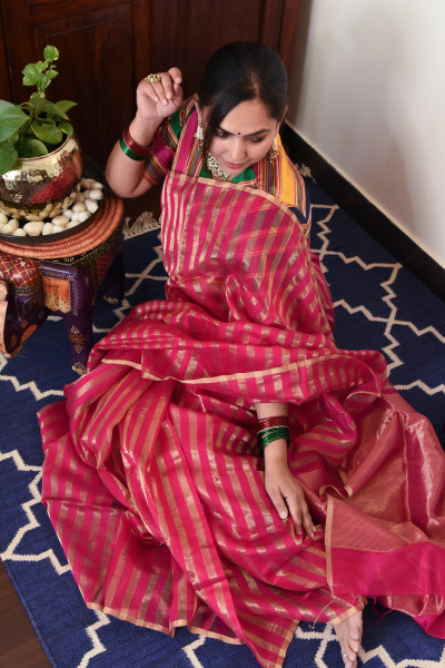 RANI PINK CHANDERI SILK SAREE WTIH GOLDEN ZARI