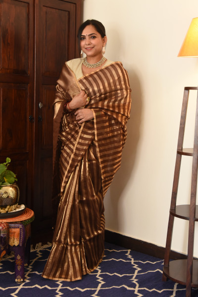 BROWN CHANDERI SILK SAREE WTIH GOLDEN ZARI