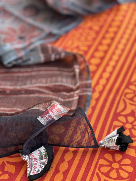 2 PIECE GREY - ORANGE DUPATTA SET