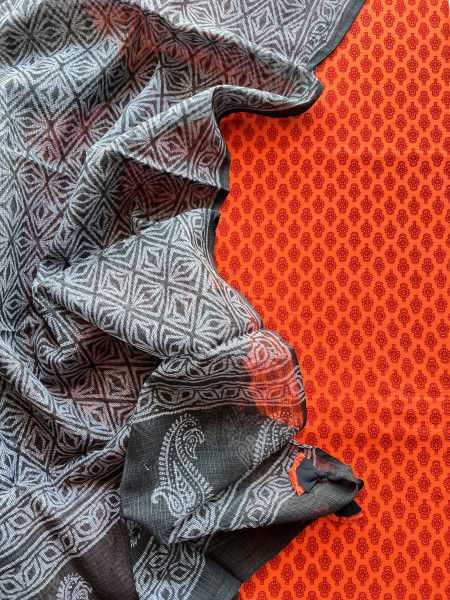 2 PIECE BLACK - ORANGE DUPATTA SET