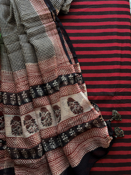 2 PIECE STRIPED RED  - SMALL CHECK DUPATTA SET