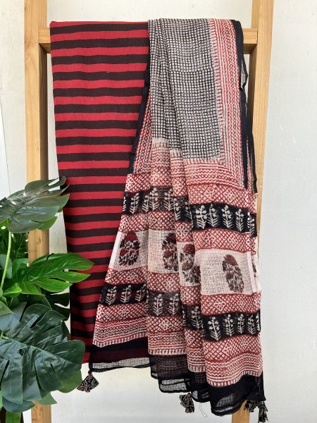 2 PIECE STRIPED RED  - SMALL CHECK DUPATTA SET