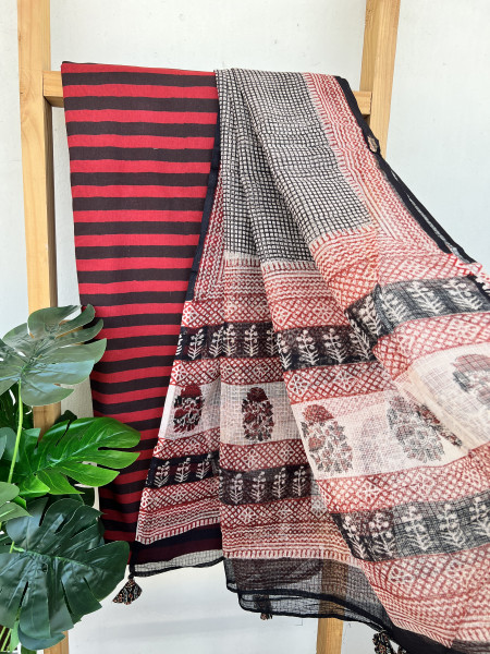 2 PIECE STRIPED RED  - SMALL CHECK DUPATTA SET