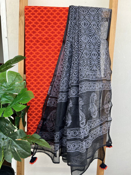 2 PIECE BLACK - ORANGE DUPATTA SET