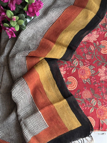 3 COLOR STRIPE LINEN DUPATTA 2 PIECE SUIT SET