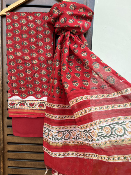 FLORAL RED COTTON SILK SUIT SET