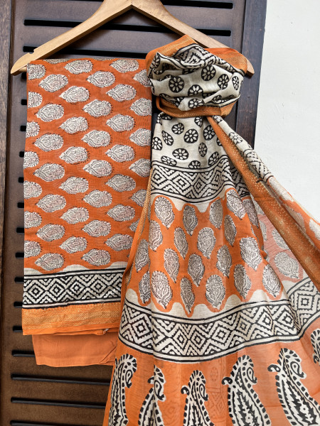 BLOCK PRINTED ORANGE COTTON SILK SUIT SET