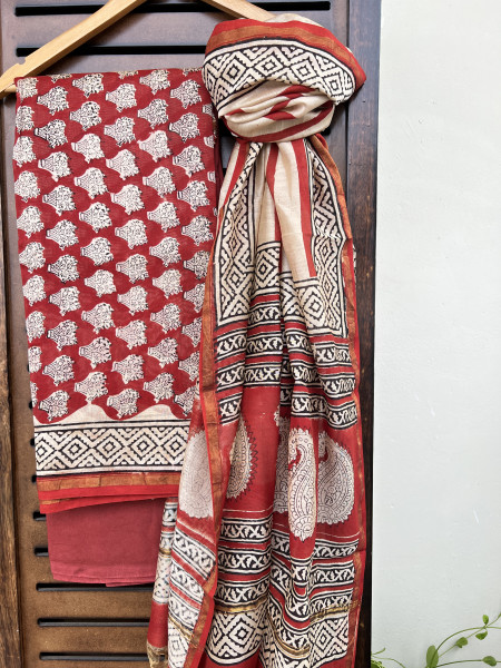 STRIPED RED BLACK COTTON SILK SUIT SET