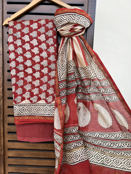 STRIPED RED BLACK COTTON SILK SUIT SET
