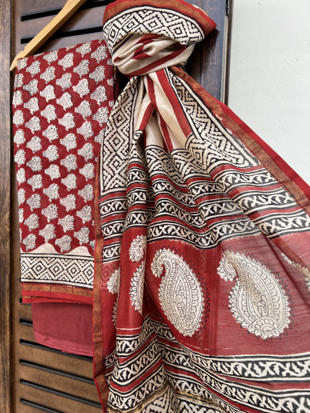 STRIPED RED BLACK COTTON SILK SUIT SET