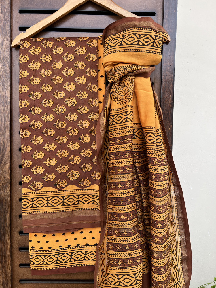 Image of HANDBLOCK MUSTARD BROWN COTTON SILK SUIT SET