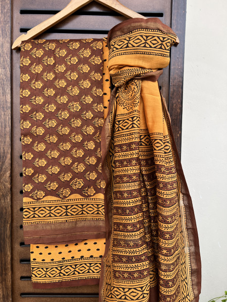 HANDBLOCK MUSTARD BROWN COTTON SILK SUIT SET