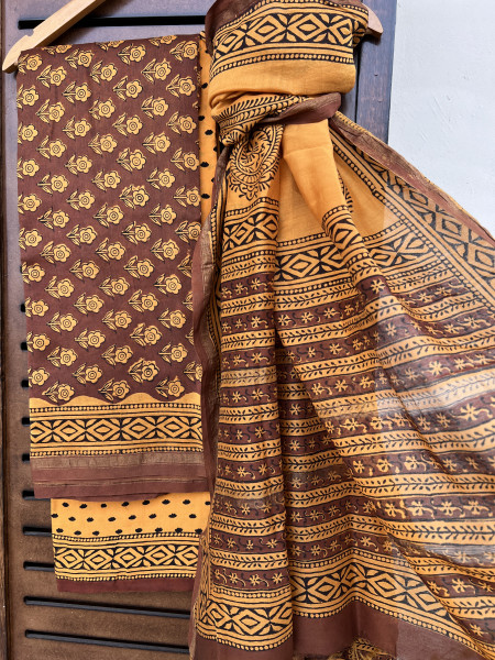 HANDBLOCK MUSTARD BROWN COTTON SILK SUIT SET