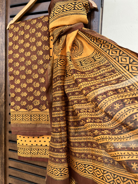 HANDBLOCK MUSTARD BROWN COTTON SILK SUIT SET