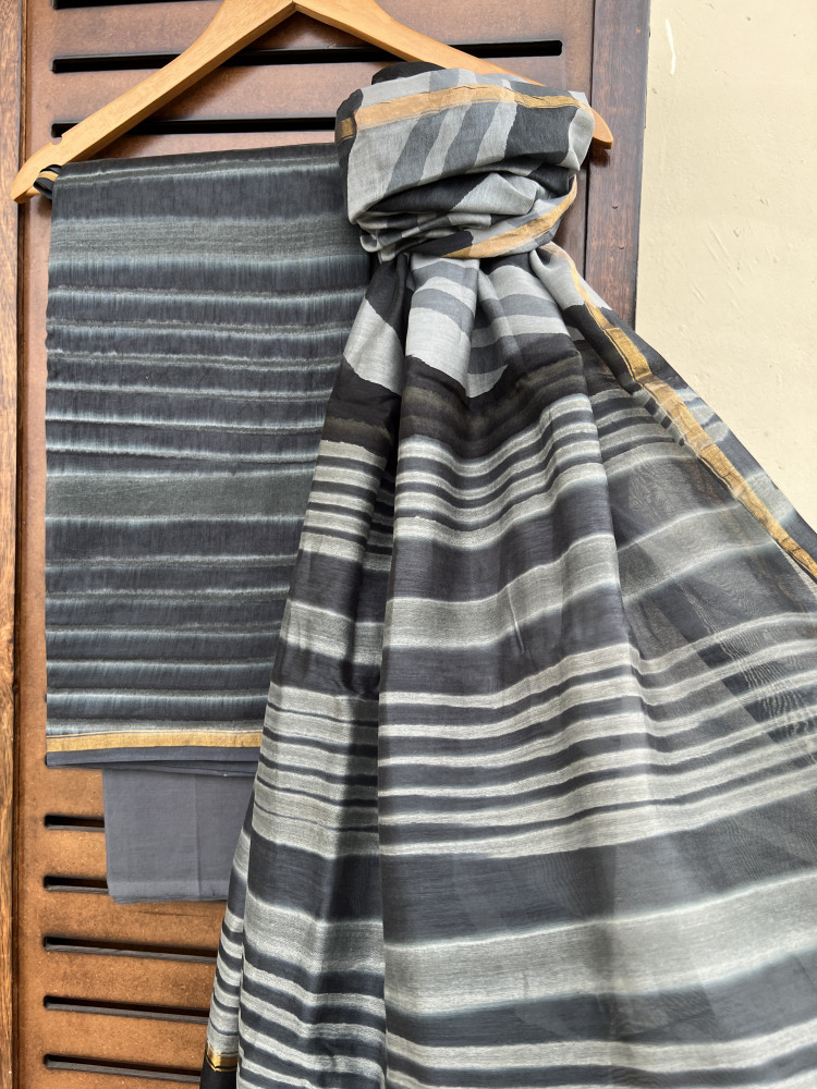 Image of STRIPED GREY COTTON SILK SUIT SET
