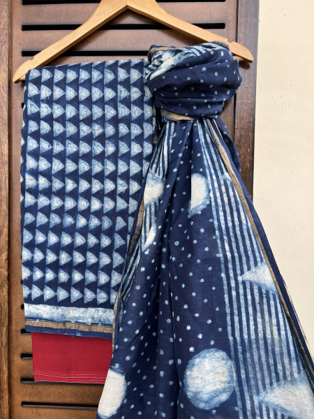 HANDBLOCK INDIGO COTTN SILK SUIT SET