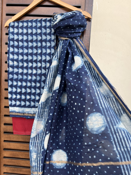 HANDBLOCK INDIGO COTTN SILK SUIT SET