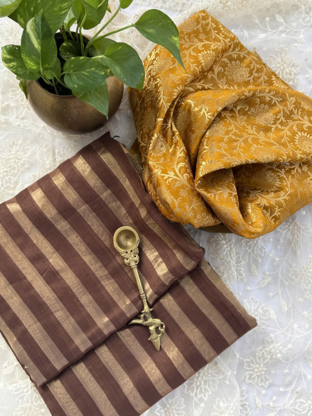 BROWN CHANDERI SILK SAREE WTIH GOLDEN ZARI