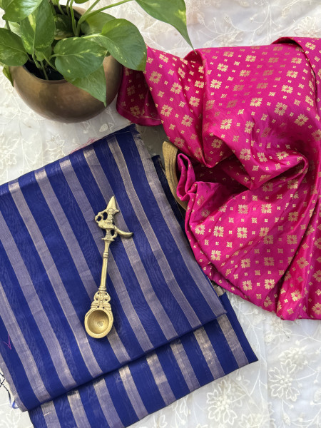 INK BLUE CHANDERI SILK SAREE WTIH GOLDEN ZARI
