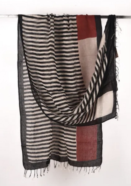 STRIPED BLACK RED LINEN DUPATTA 2 PIECE SUIT SET