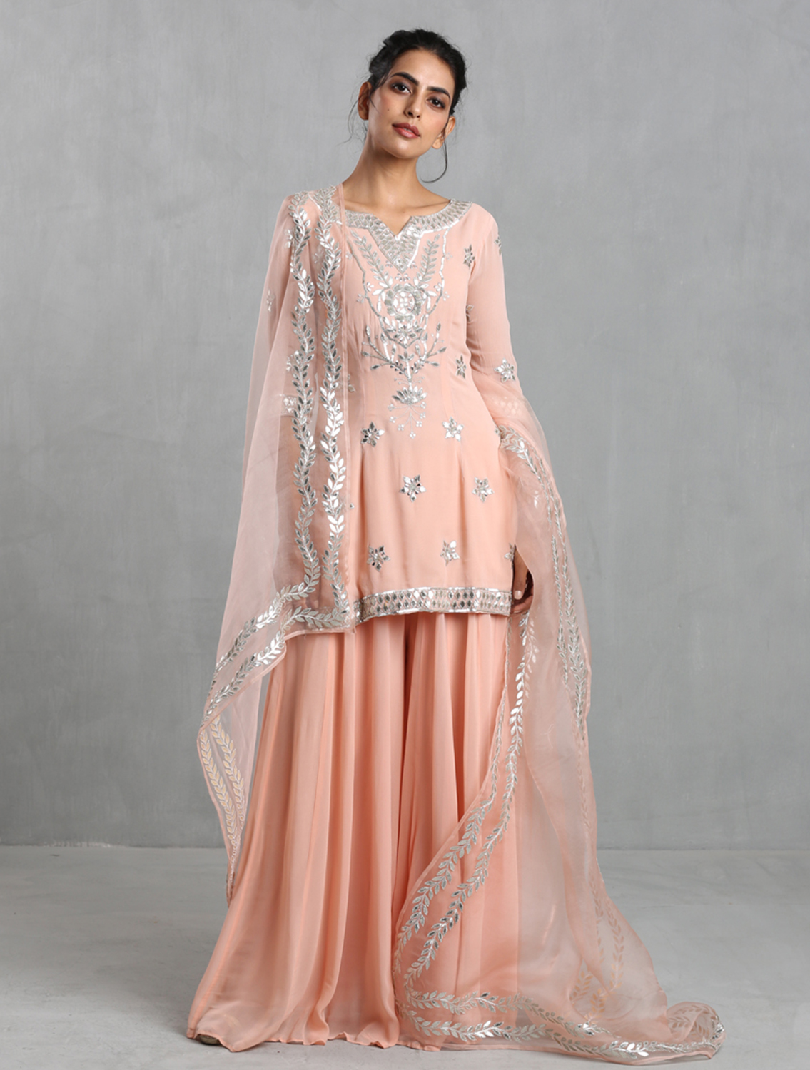 Peach Pink Embroidered Sharara Set | Shop now at Aqurator.com