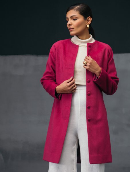 pink collarless coat