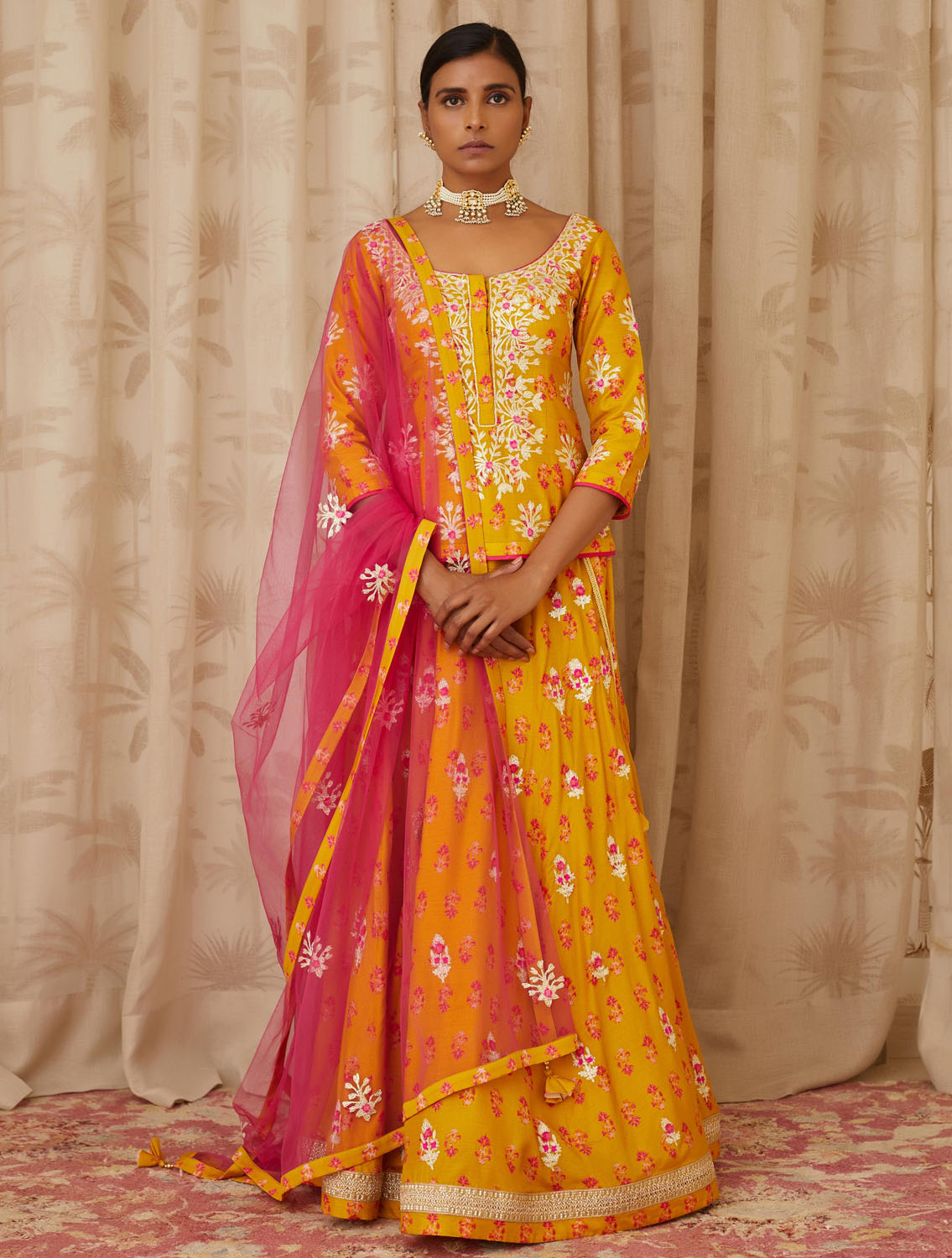 Mustard Pink Short Kurti and Lehenga Set