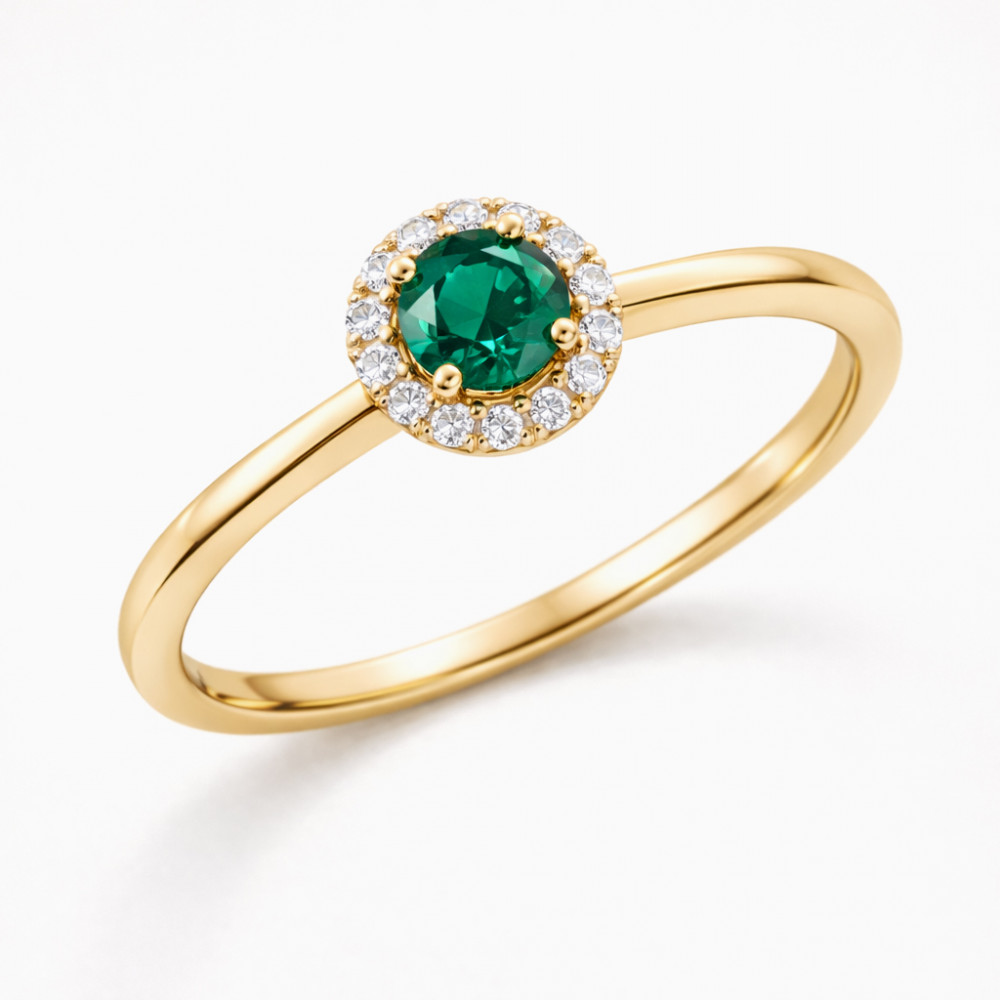 Image of Emerald Grace Diamond Halo Ring in Yellow Gold