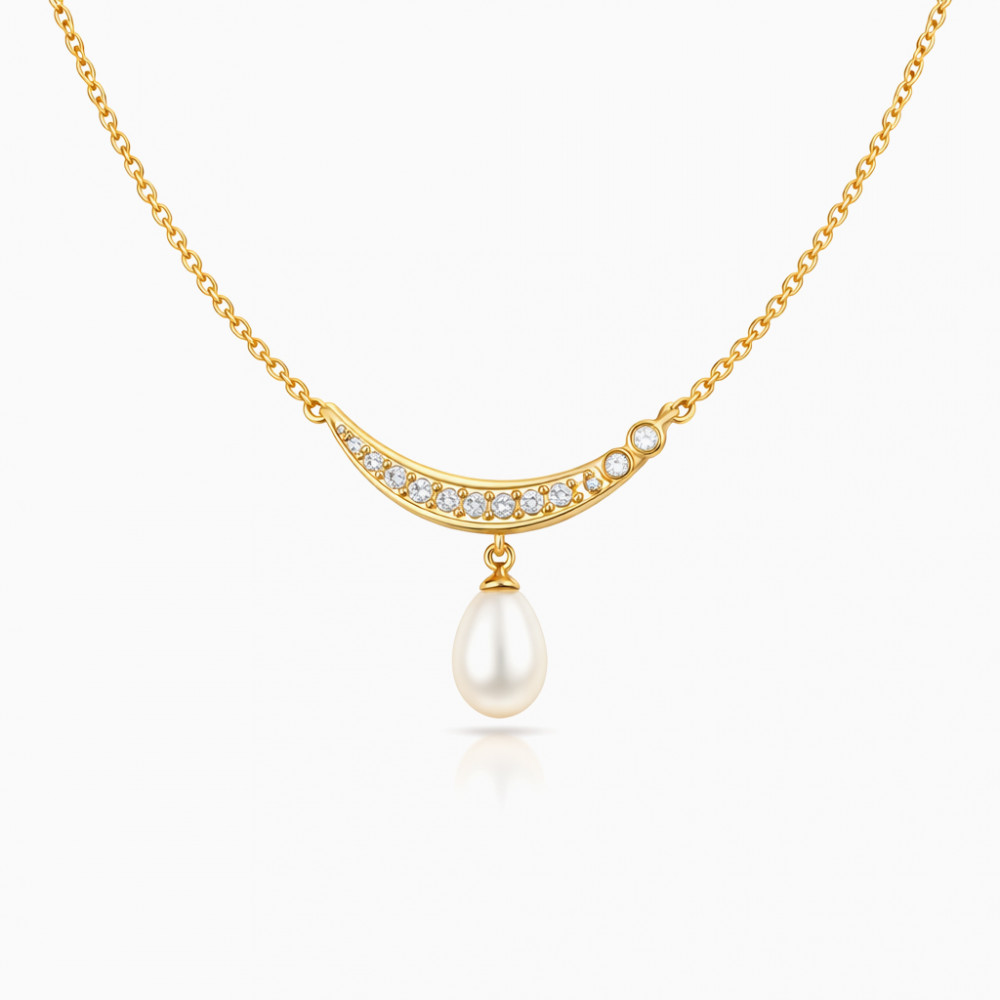 Elegant Gold Curve Diamond &amp; Pearl Drop Necklace