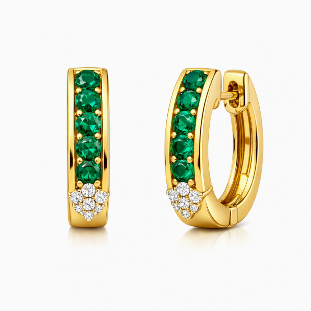 Image of Emerald &amp; Diamond Accent Hoop Earrings in Yellow Gold