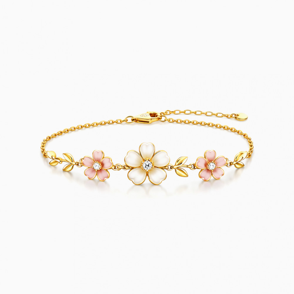 Image of Floral Enamel &amp; Diamond Bracelet in Yellow Gold