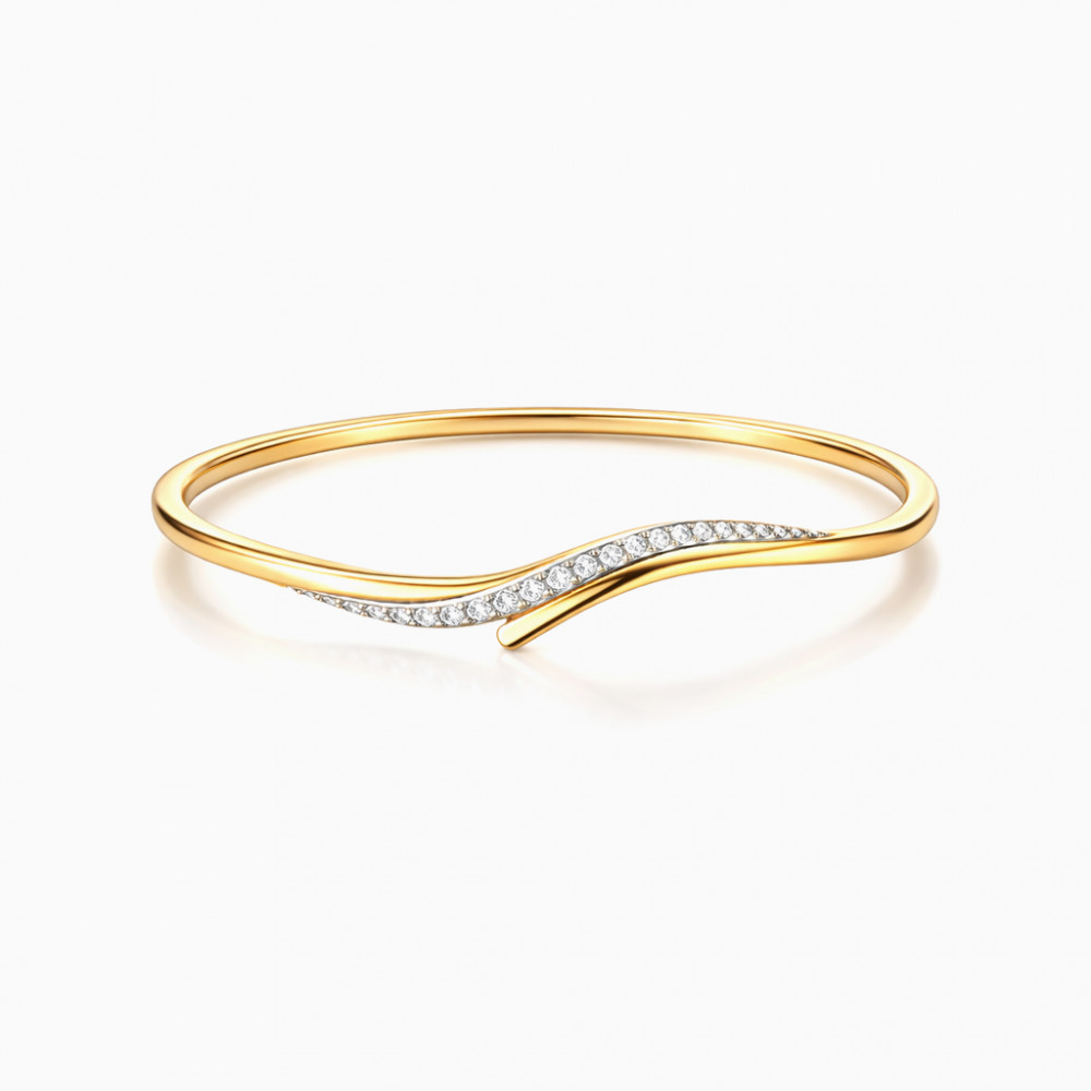 Elegant Wave Open Bangle Bracelet in Yellow Gold with Pavé Diamonds