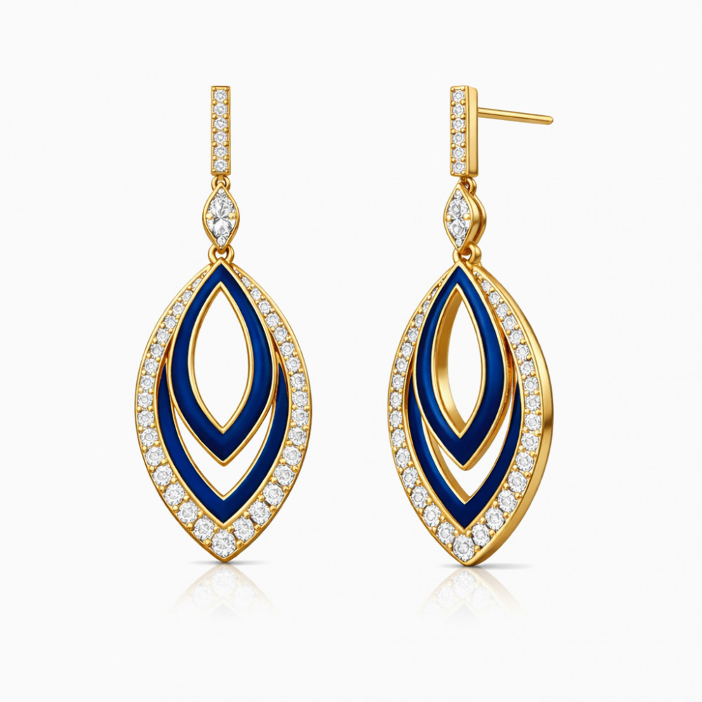 Image of Blue Enamel &amp; Diamond Marquise Drop Earrings in Yellow Gold