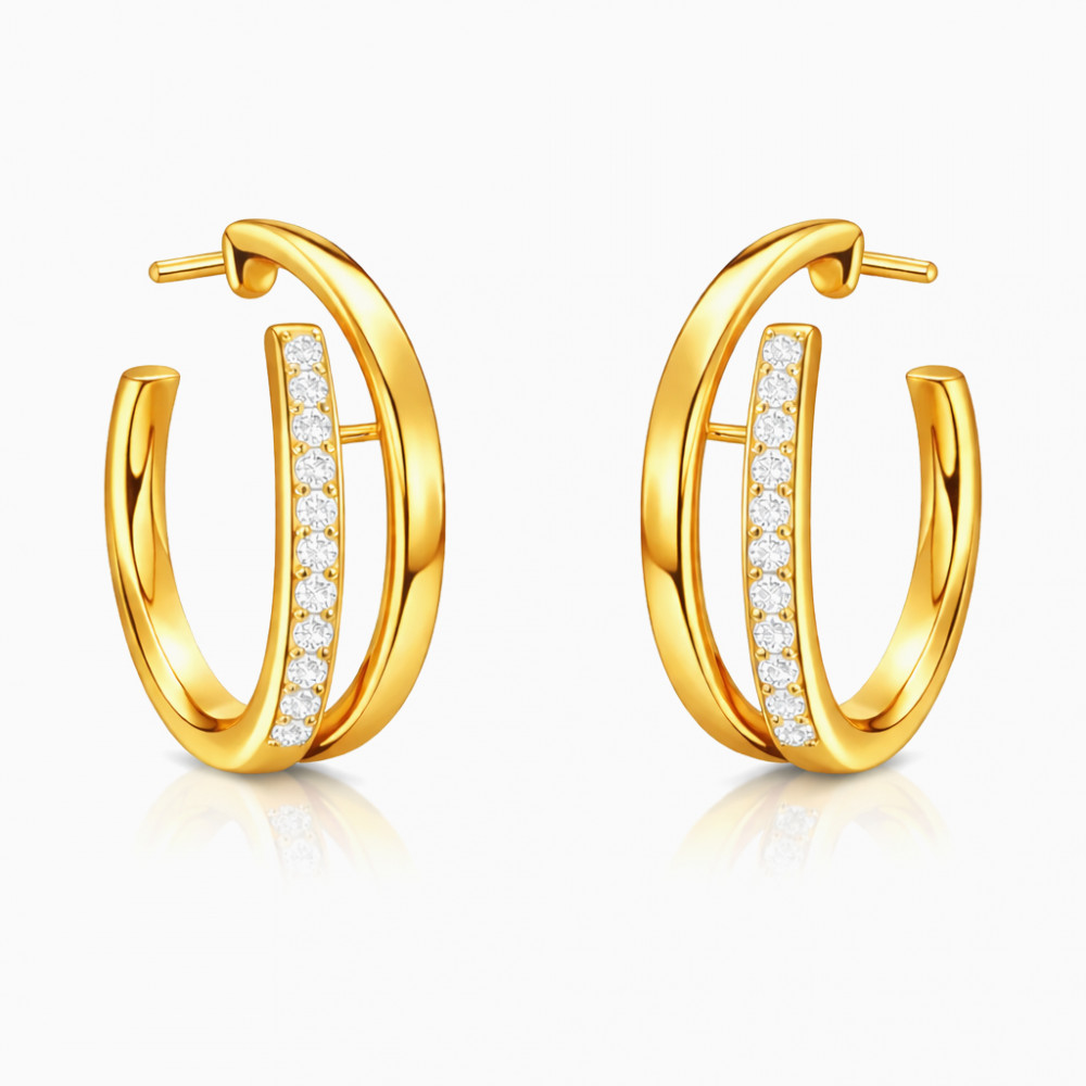 Modern Open Hoop Diamond Earrings in Polished Yellow Gold