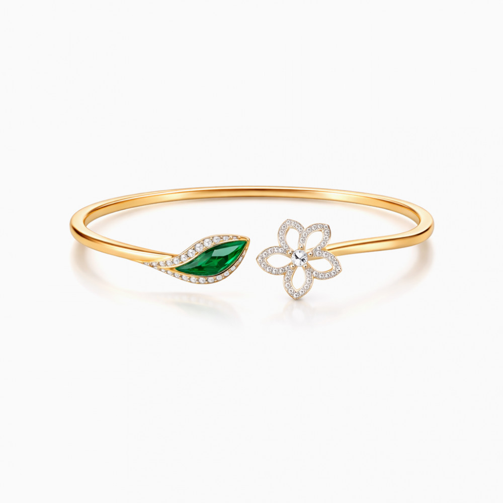Image of Floral Leaf Diamond &amp; Green Gemstone Open Bangle Bracelet