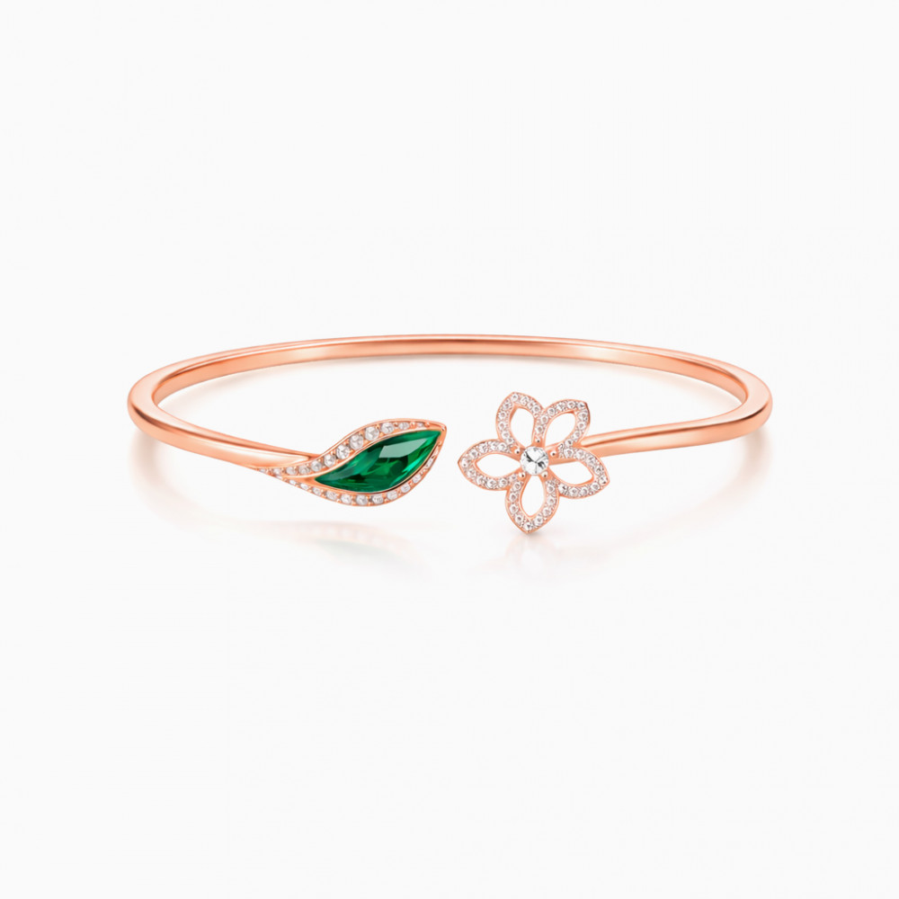 Image of Floral Leaf Diamond &amp; Green Gemstone Open Bangle Bracelet Rose Gold