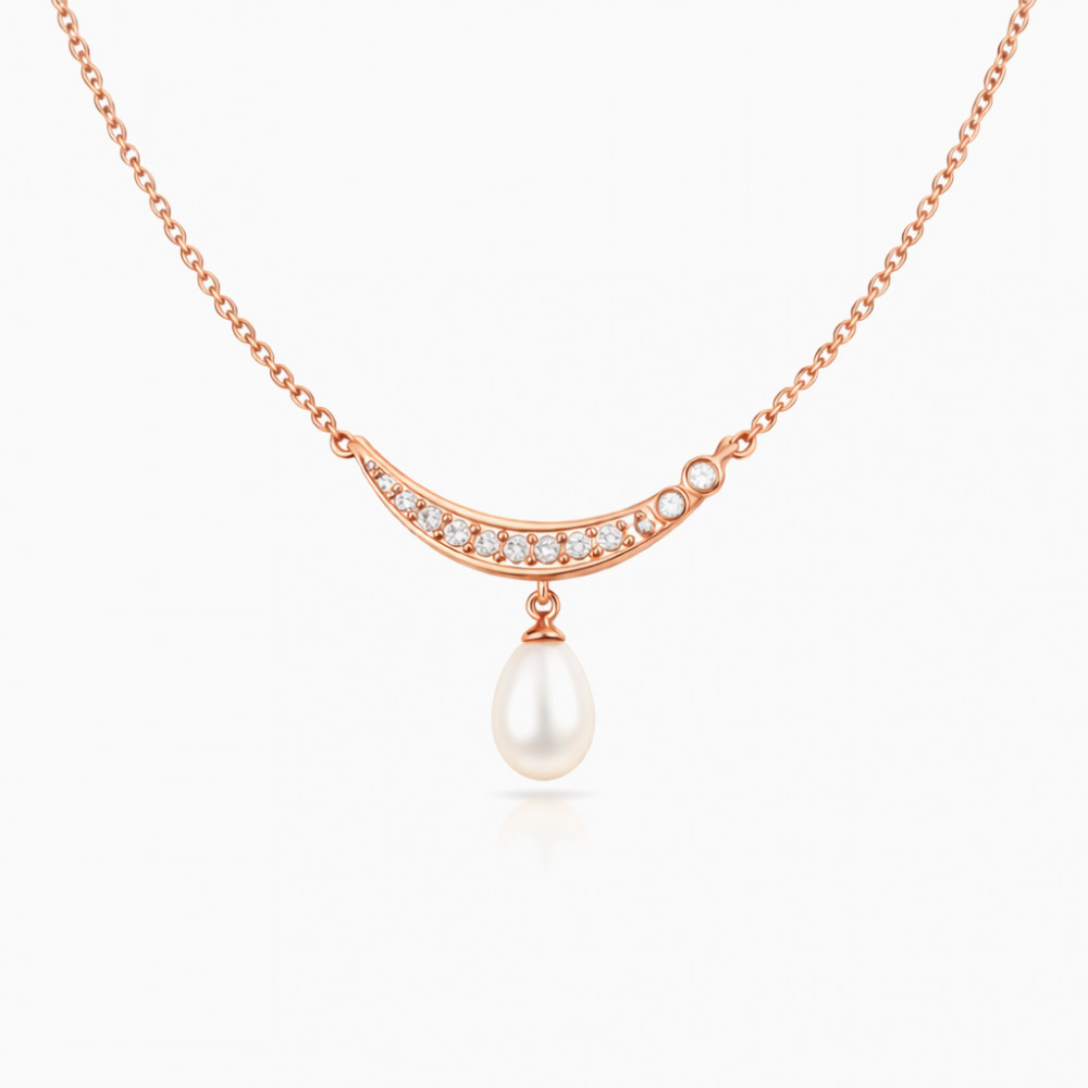 Image of Rose Gold Curved Diamond &amp; Pearl Drop Necklace