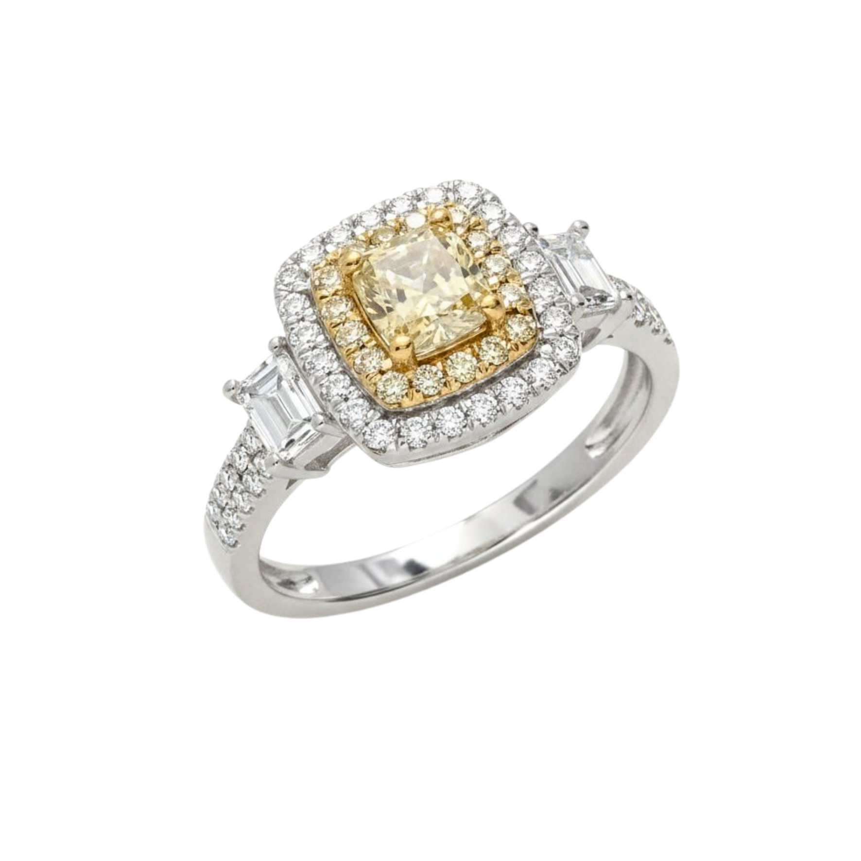 Cushion Shape Yellow and White Diamond Rings