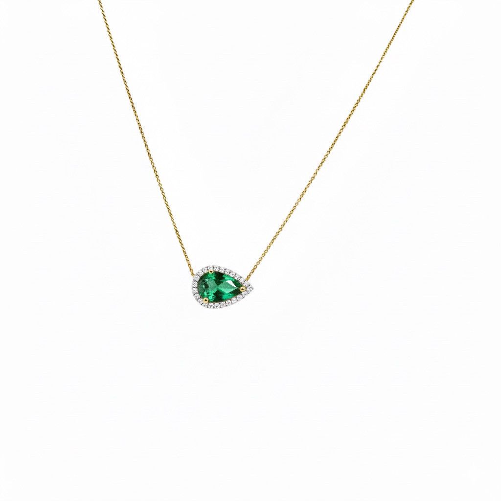 Emerald Pear shape Diamond Halo Necklace