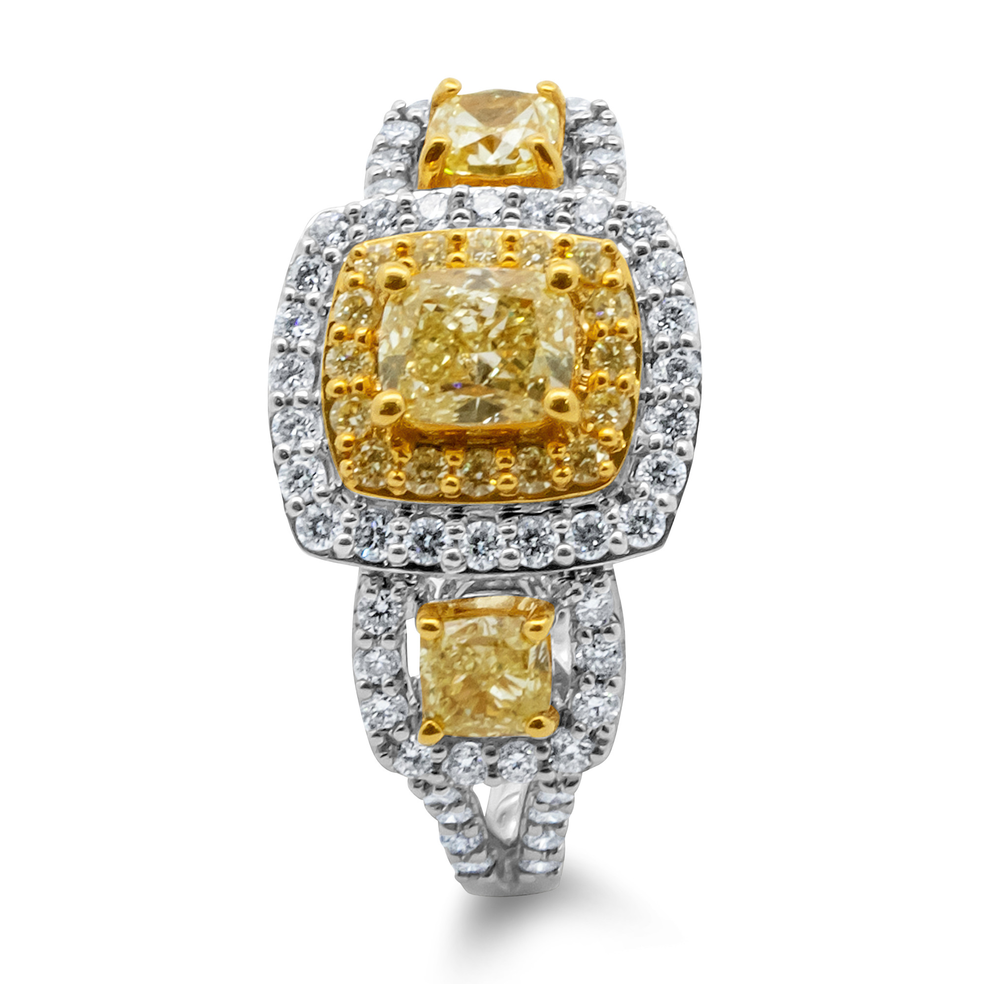 Cushion Shape Yellow and White Diamond Ring